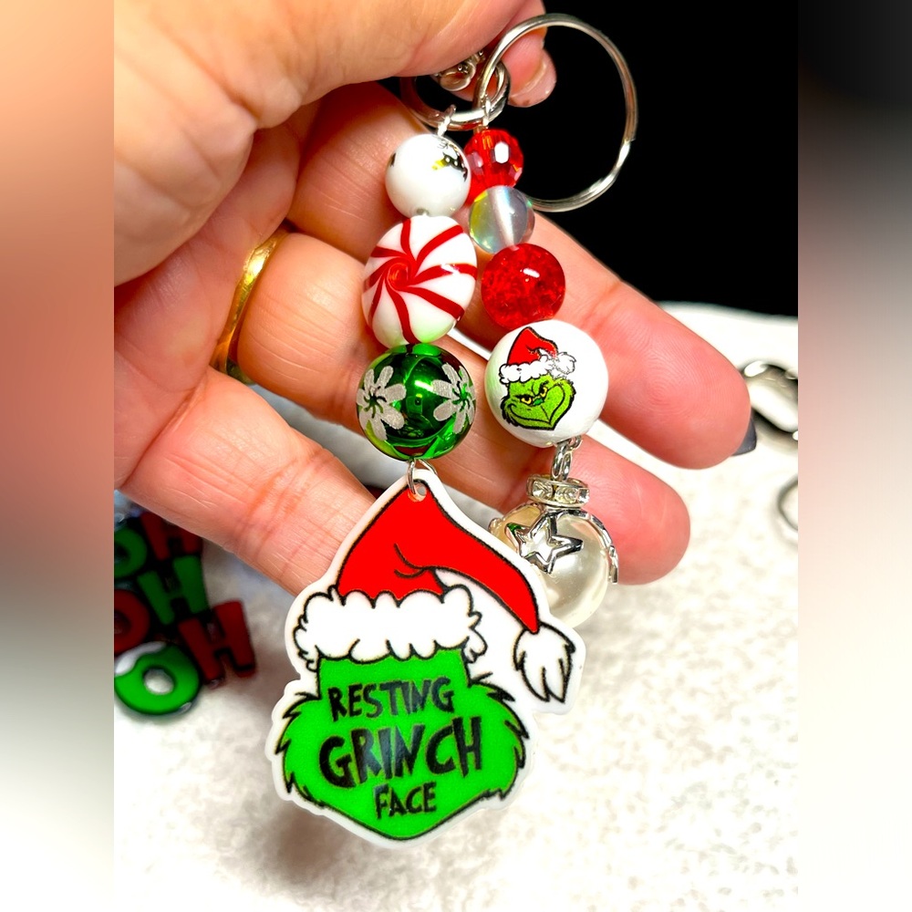 FUN grinch Christmas theme keychain with a touch of bling/purse charm/laptop